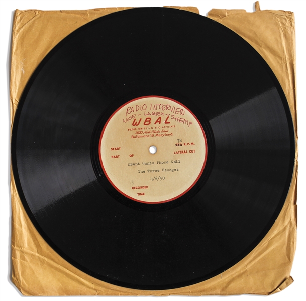 Radio Interview With Larry, Moe & Shemp in 1950 With Brent Gunts on WBAL Baltimore -- 78 RPM 12 Record Is Rare Audiodisc Lacquer Acetate Disc -- Very Good With a Few Shallow Scratches